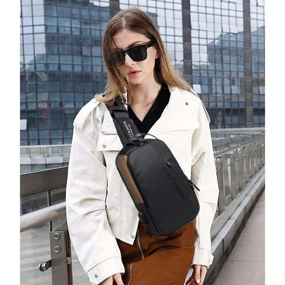 💫 Men Black Crossbody Bag Sling Waterproof USB Charging Port Headphone Backpack